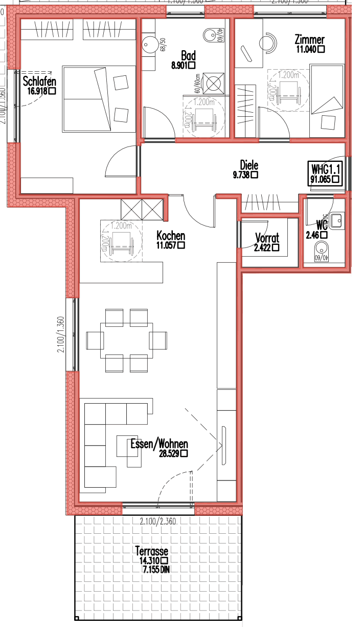 Grundriss Wohnung 1.1 – Erdgeschoss, 3,5 Zimmer