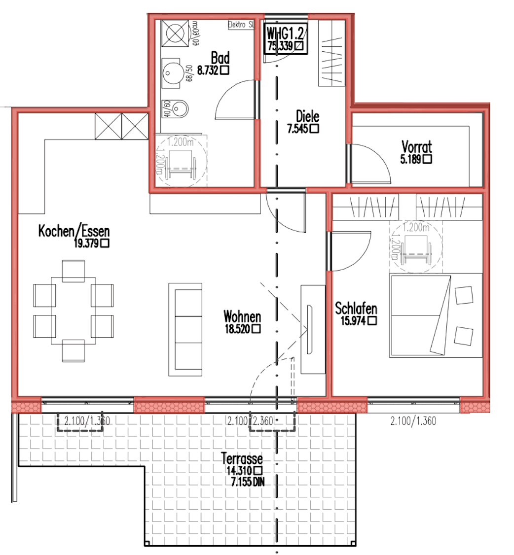 Grundriss Wohnung 1.2 – Erdgeschoss, 2,5 Zimmer