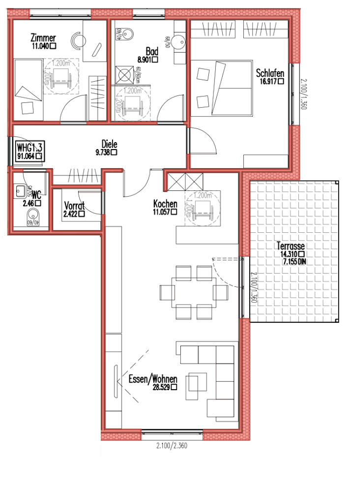 Grundriss Wohnung 1.3 – Erdgeschoss, 3,5 Zimmer