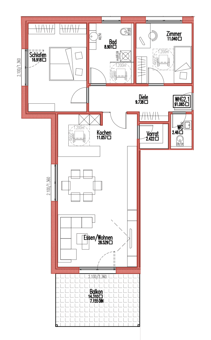 Grundriss Wohnung 2.1 – Obergeschoss, 3,5 Zimmer