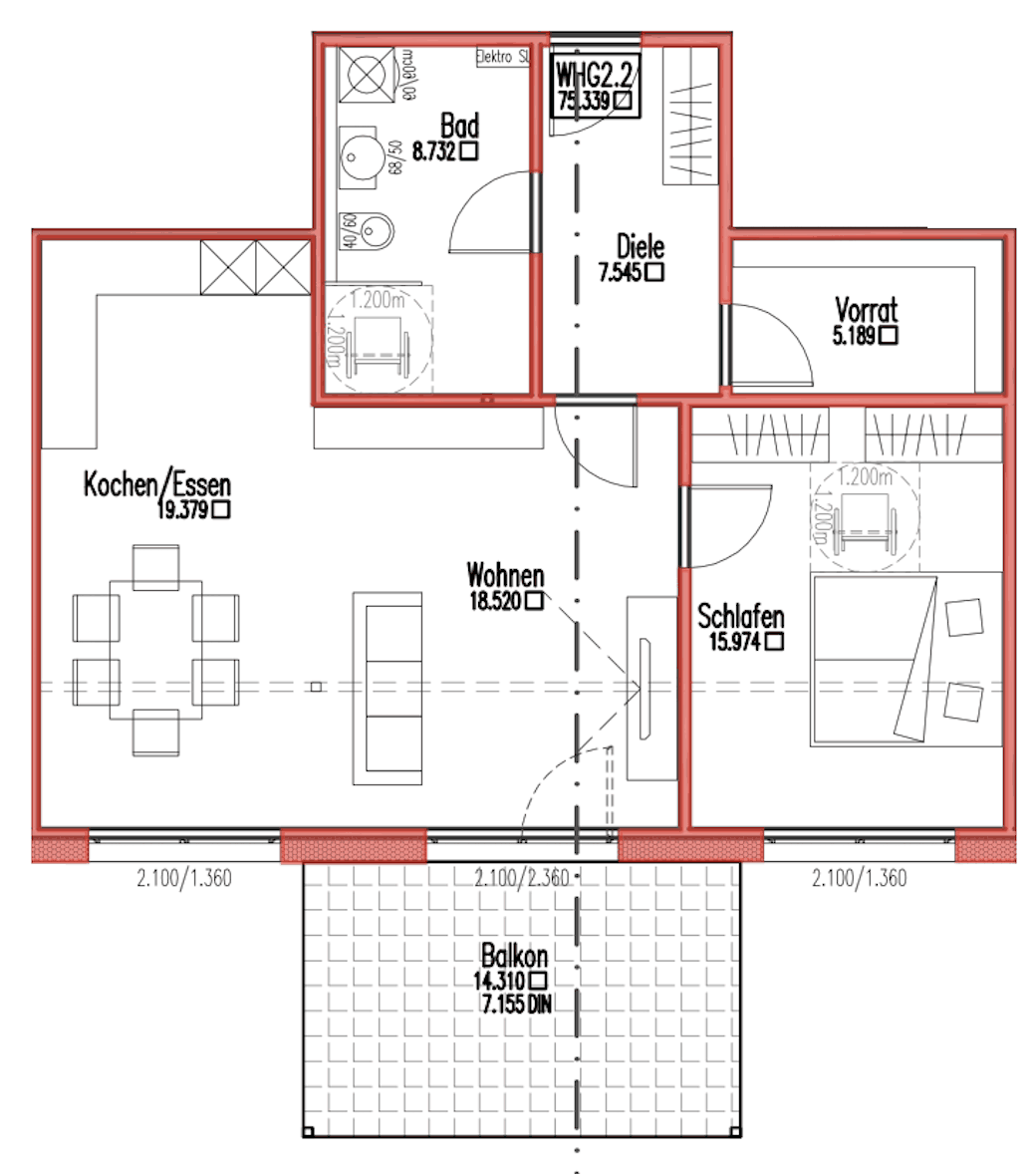 Grundriss Wohnung 2.2 – Obergeschoss, 2,5 Zimmer