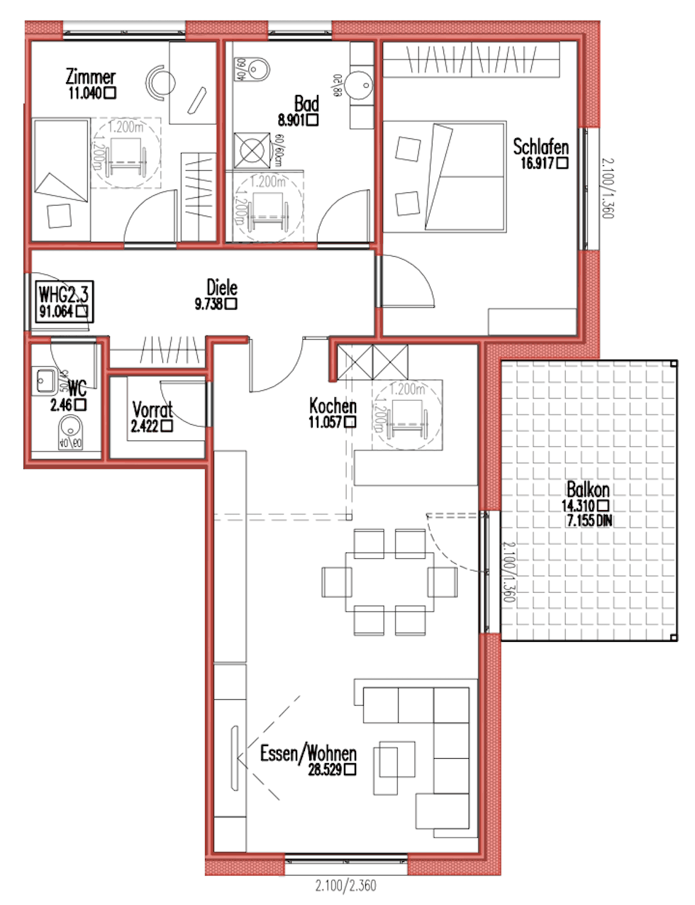 Grundriss Wohnung 2.3 – Obergeschoss, 3,5 Zimmer
