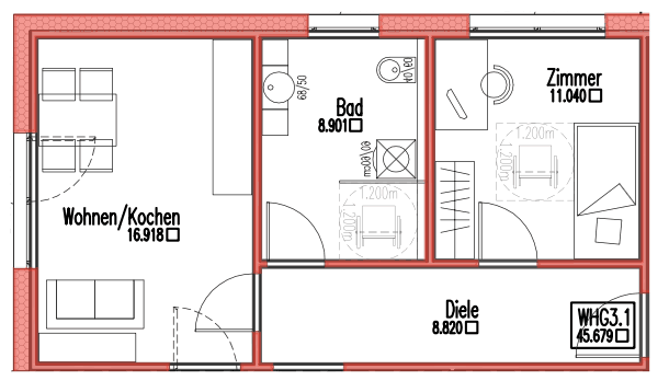 Grundriss Wohnung 3.1 – Dachgeschoss, 2 Zimmer
